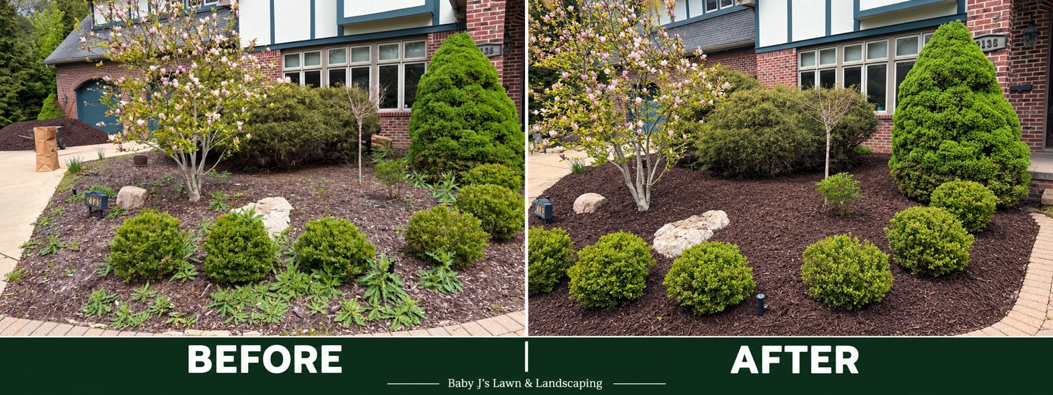 Before and after comparison of garden bed and shrub care