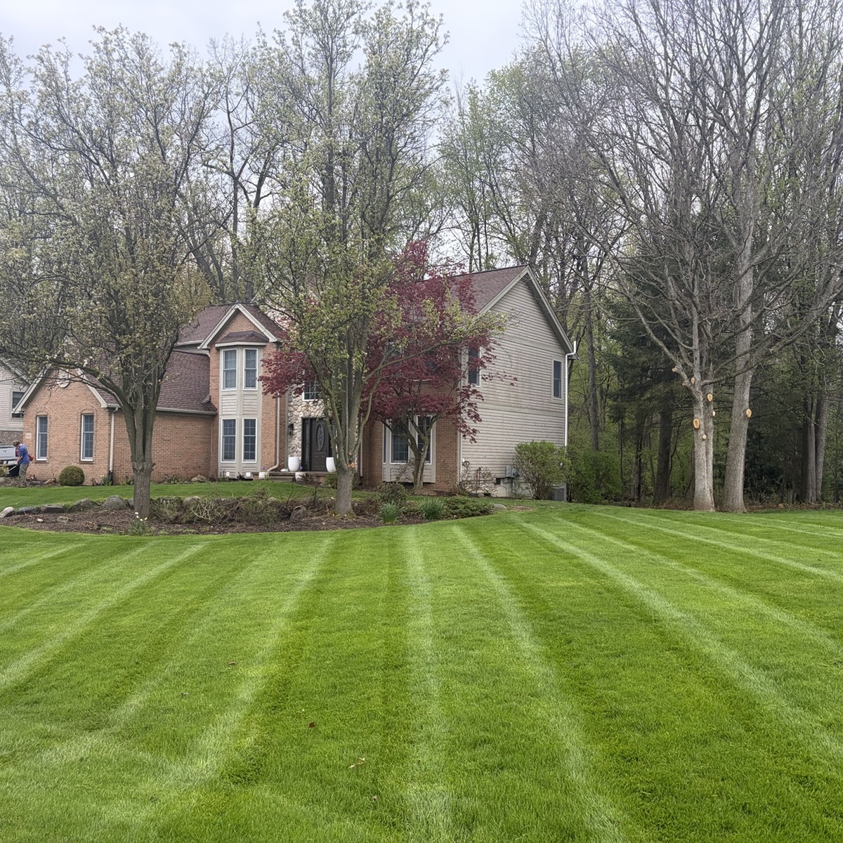 A freshly striped lawn surrounded by mature trees