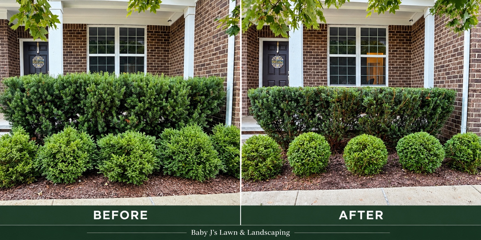 Before and after comparison of neatly shaped shrubs along a home